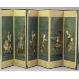 A Japanese embroidered four-fold screen, Meiji period, each panel worked to one side in coloured