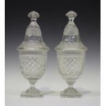 A pair of cut glass sweetmeat or bonbon jars and covers, circa 1900, each with strawberry diamond