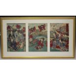 A Japanese polychrome triptych woodblock print, 19th century, depicting a seated samurai and
