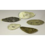 A group of five American chipped flint tools, all bearing either F.S. Clark or Hugh Fawcett