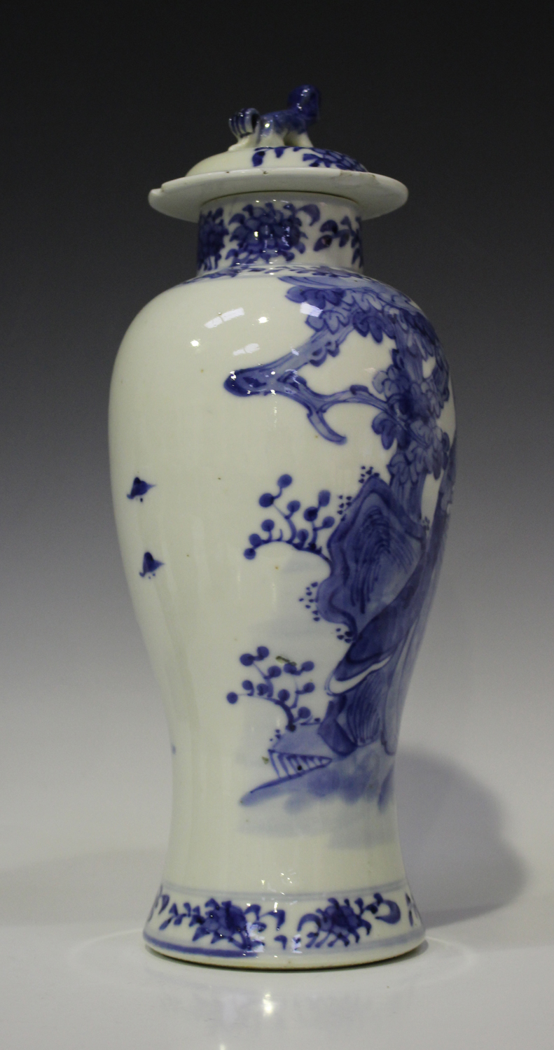 A Chinese blue and white porcelain vase and cover, mark of Kangxi but late 19th century, painted - Image 5 of 8