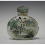 A Chinese inside painted glass snuff bottle and stopper, late 20th century, of flattened form, one