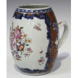 A Chinese famille rose export porcelain tankard, late Qianlong period, the barrel shaped body