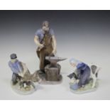 A Bing & Grondahl model of a Blacksmith, No. 2225, height 30cm, together with two Royal Copenhagen