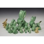 A group of mostly Sylvac pottery green glazed rabbits, including a large example, No. 1028, height