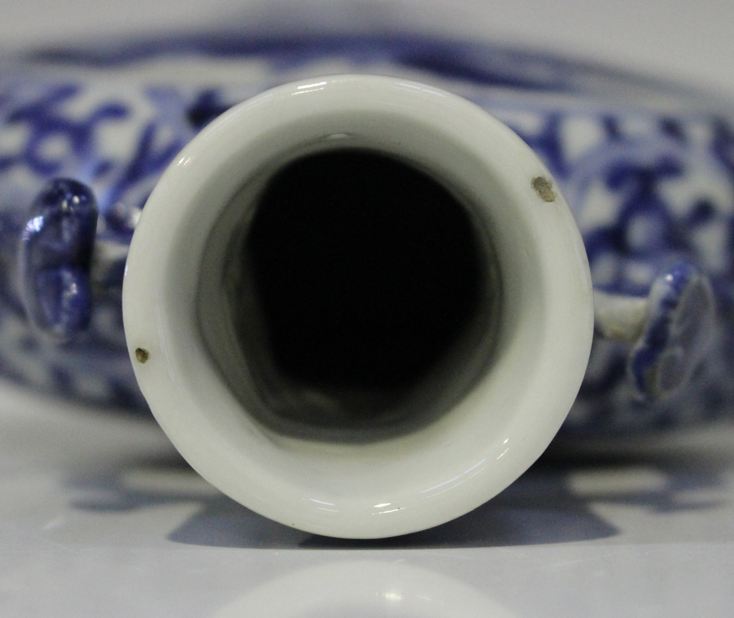 A Chinese blue and white porcelain moonflask, mark of Kangxi but late 19th century, the flattened - Image 3 of 6