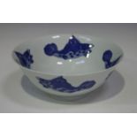 A Chinese Kangxi style blue and white porcelain circular bowl, modern, the flared body painted