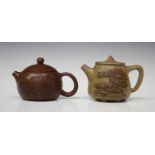 A Chinese pale brown Yixing stoneware teapot and cover, modern, decorated in relief with bamboo,
