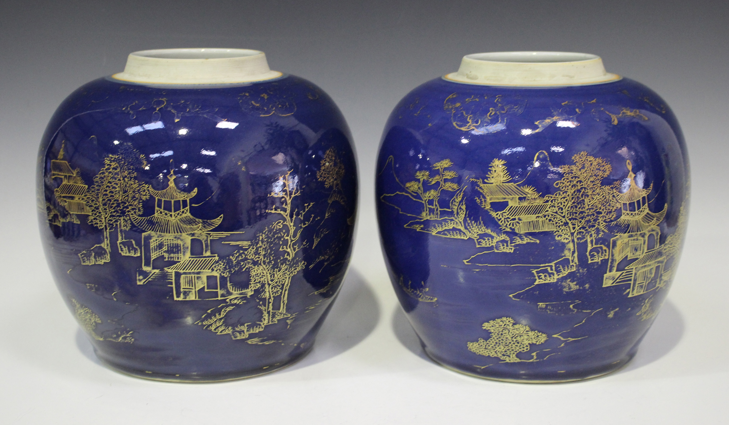 A pair of Chinese power blue glazed porcelain ginger jars and covers, Kangxi style but 19th century,