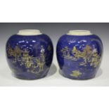 A pair of Chinese power blue glazed porcelain ginger jars and covers, Kangxi style but 19th century,