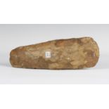 A large Danish Neolithic chipped stone axe, bearing 'F.S. Clark Collection' label, detailed '