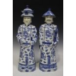 A large pair of Chinese porcelain blue printed dignitary figures, modern, height 56cm (minor chips