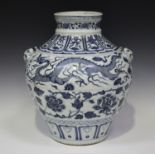 A Chinese blue and white porcelain vase, Yuan style but modern, the stout ovoid body painted with