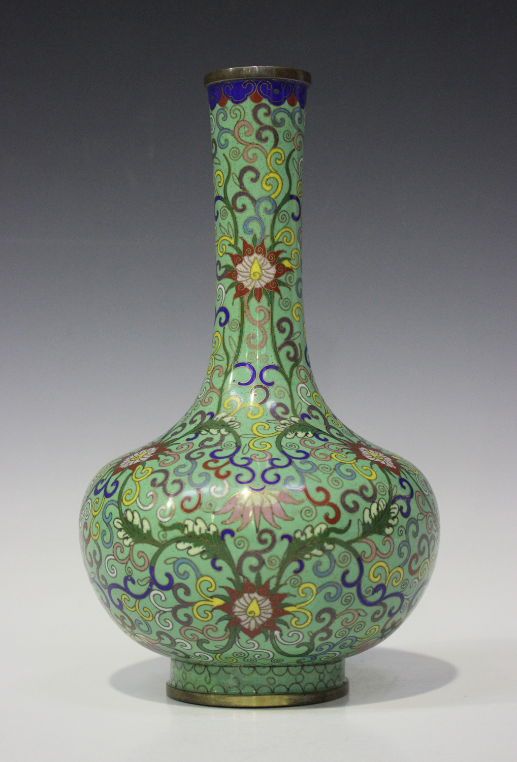 A Chinese cloisonné pale green ground bottle vase, early 20th century, the bulbous body with - Image 5 of 5