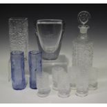 A Whitefriars Glacier pattern cylindrical decanter and stopper, designed by Geoffrey Baxter,