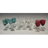A mixed group of 19th century and later clear and coloured glassware, including a double-knop stem