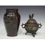 A Japanese brown patinated bronze and enamel koro and cover, Meiji period, the pierced cover with