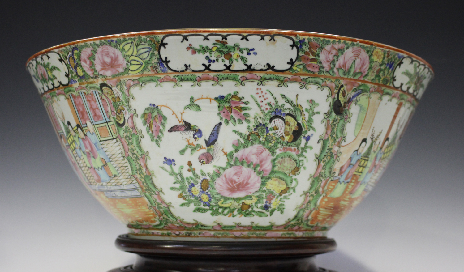 A Chinese Canton famille rose porcelain punchbowl, mid to late 19th century, the interior and - Image 9 of 13