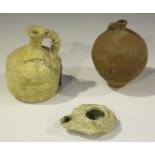 A group of three ancient Roman pottery items, all found in the area of Jerusalem, comprising a