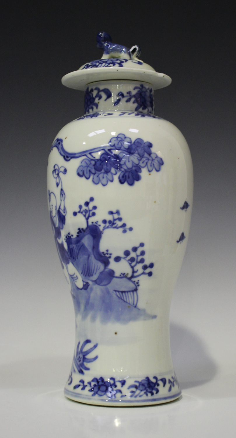 A Chinese blue and white porcelain vase and cover, mark of Kangxi but late 19th century, painted - Image 4 of 8