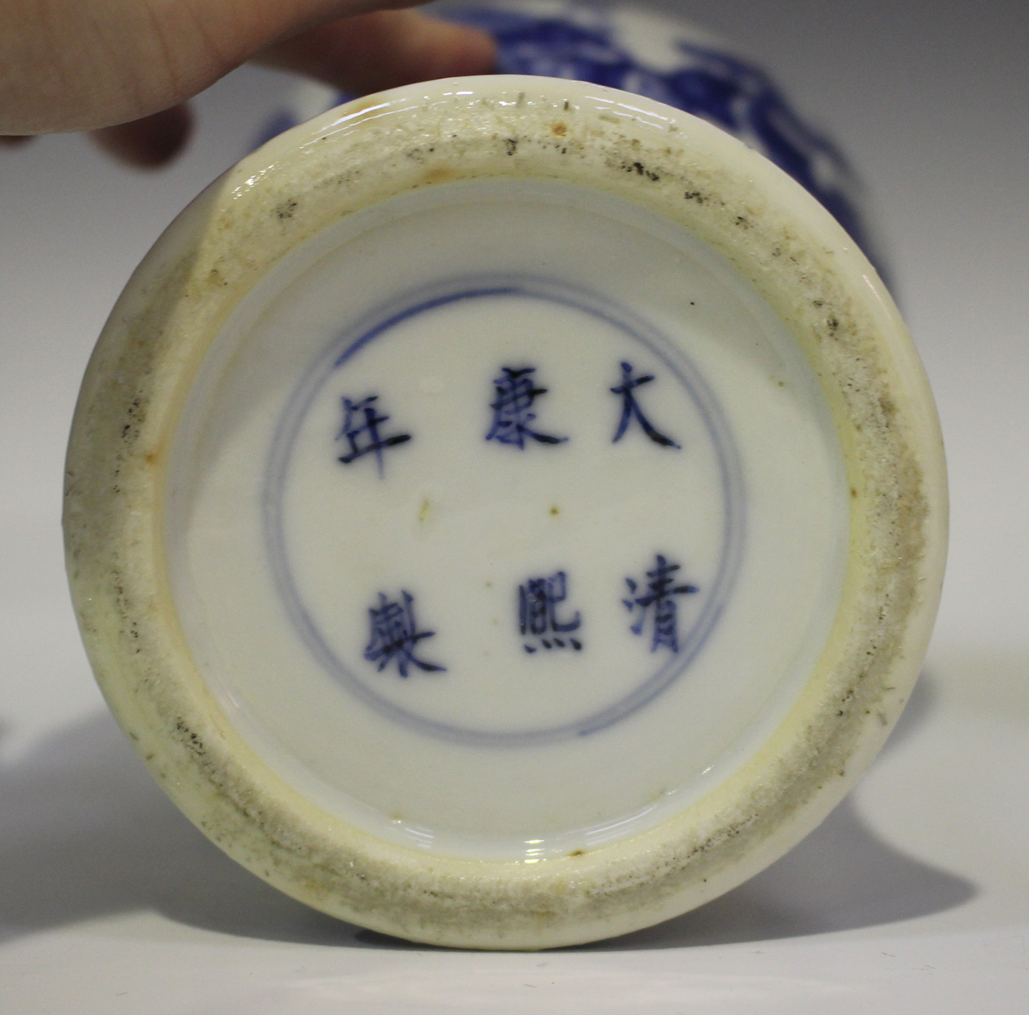 A Chinese blue and white porcelain vase and cover, mark of Kangxi but late 19th century, painted - Image 3 of 8