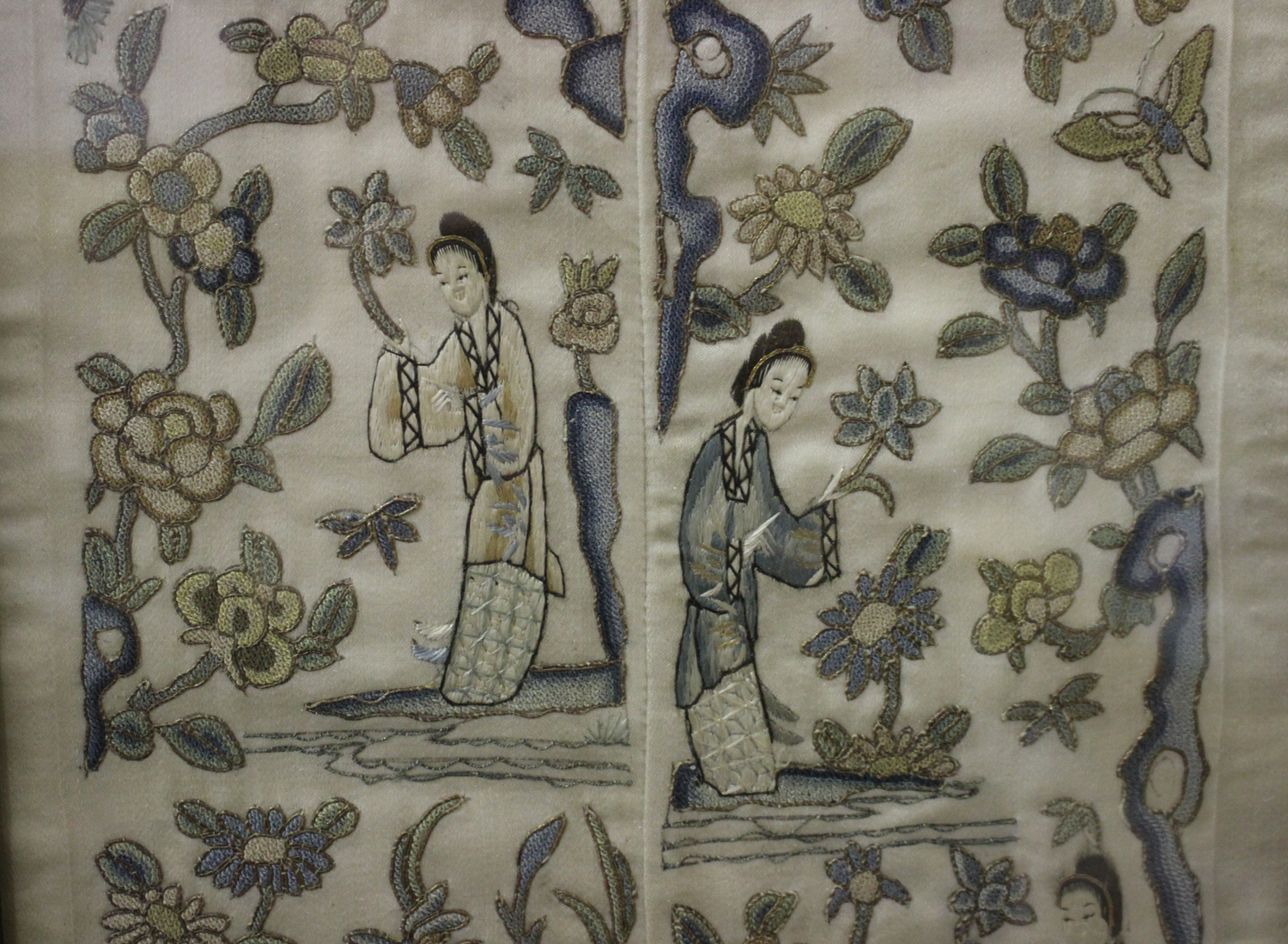 A pair of Chinese silk embroidered sleeve panels, late Qing dynasty, joined as one and worked in - Image 3 of 4