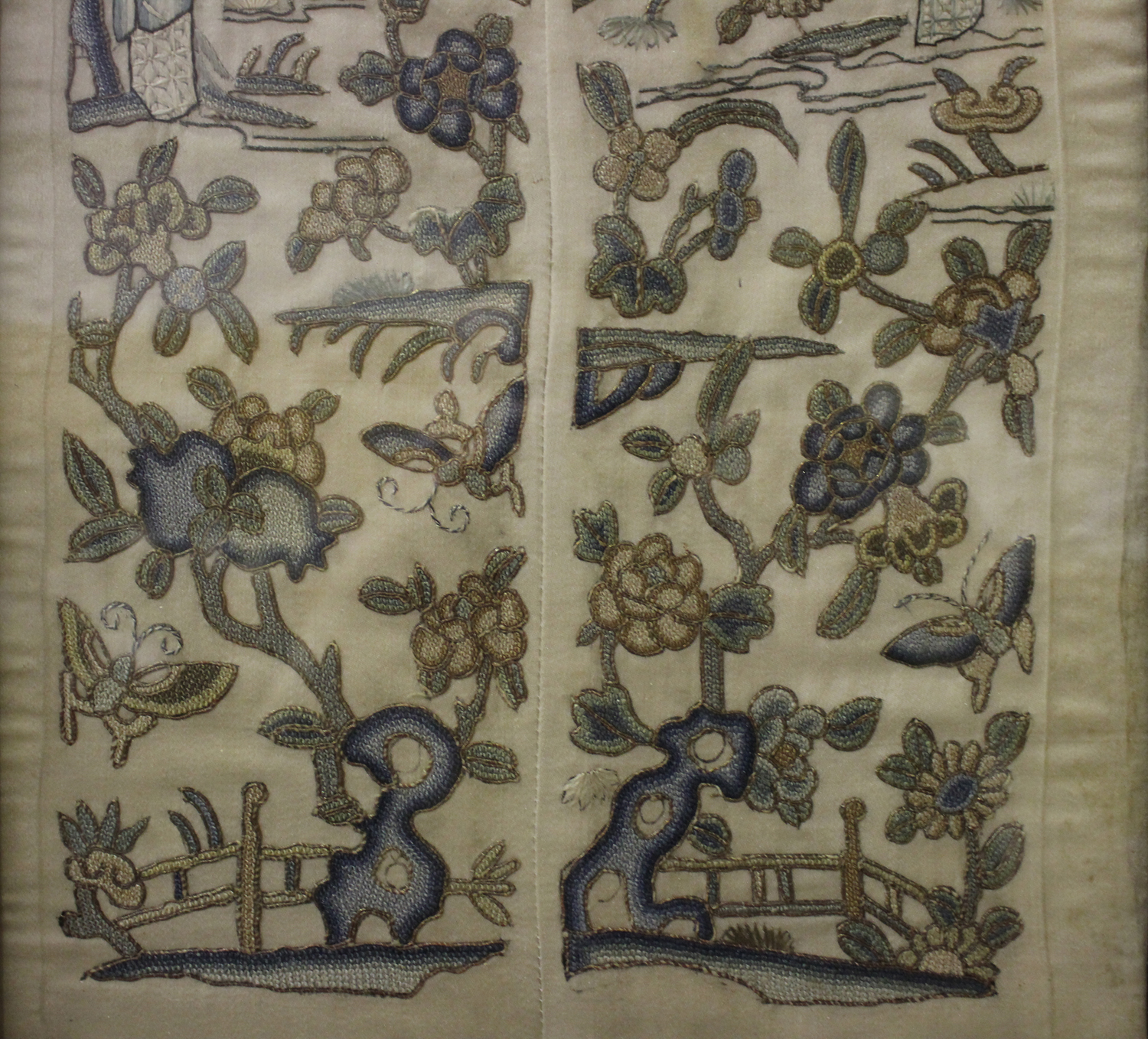 A pair of Chinese silk embroidered sleeve panels, late Qing dynasty, joined as one and worked in - Image 4 of 4