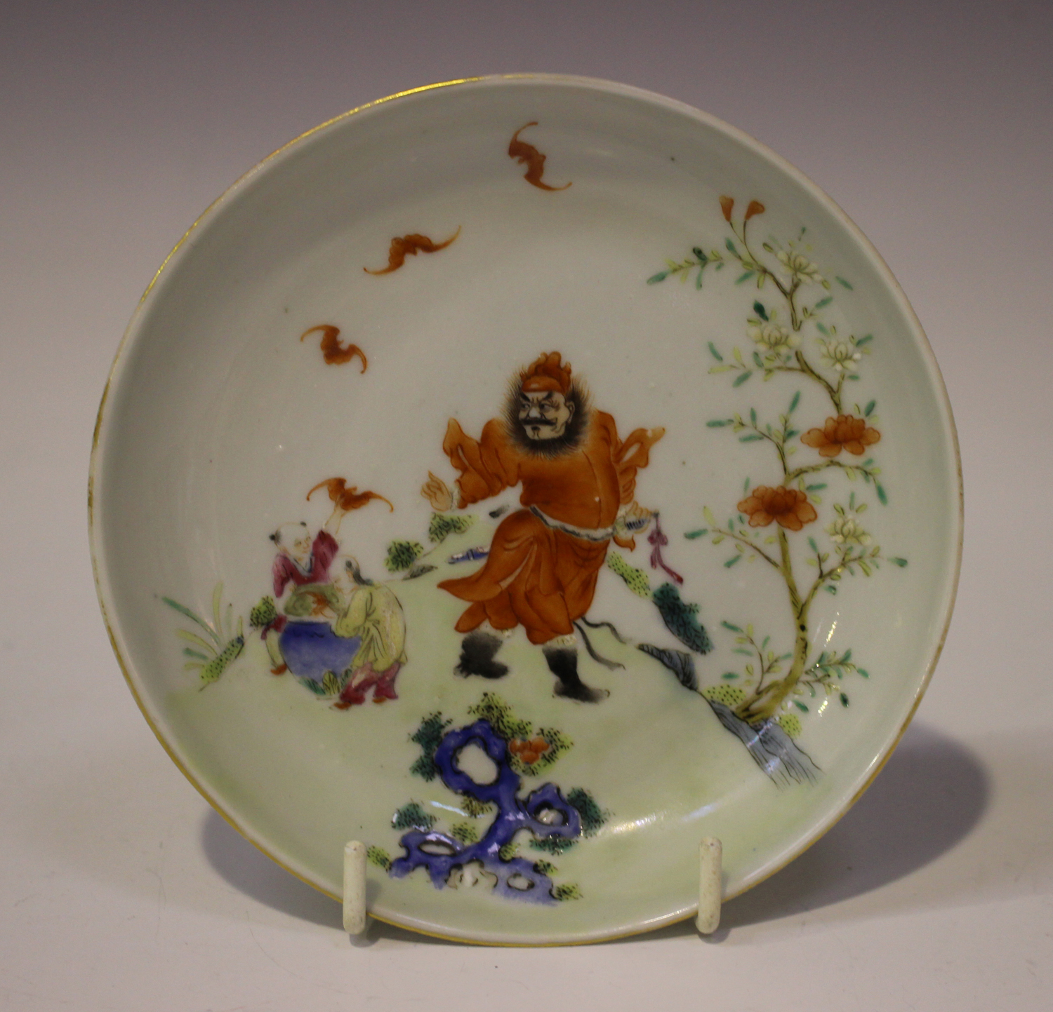 A Chinese famille rose porcelain small circular saucer dish, mark of Qianlong but later Qing