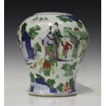 A Chinese wucai porcelain jar, Transitional period, mid-17th century, the high-shouldered body