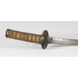 A Japanese wakizashi (short sword), 19th century, with slightly curved single-edged blade, the