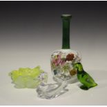 Two Baccarat glass birds, comprising a green tinted parrot, height 9.8cm, and a clear duck, length