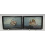 A pair of Chinese export paintings, late Qing dynasty, each depicting a junk in full sail, 10cm x