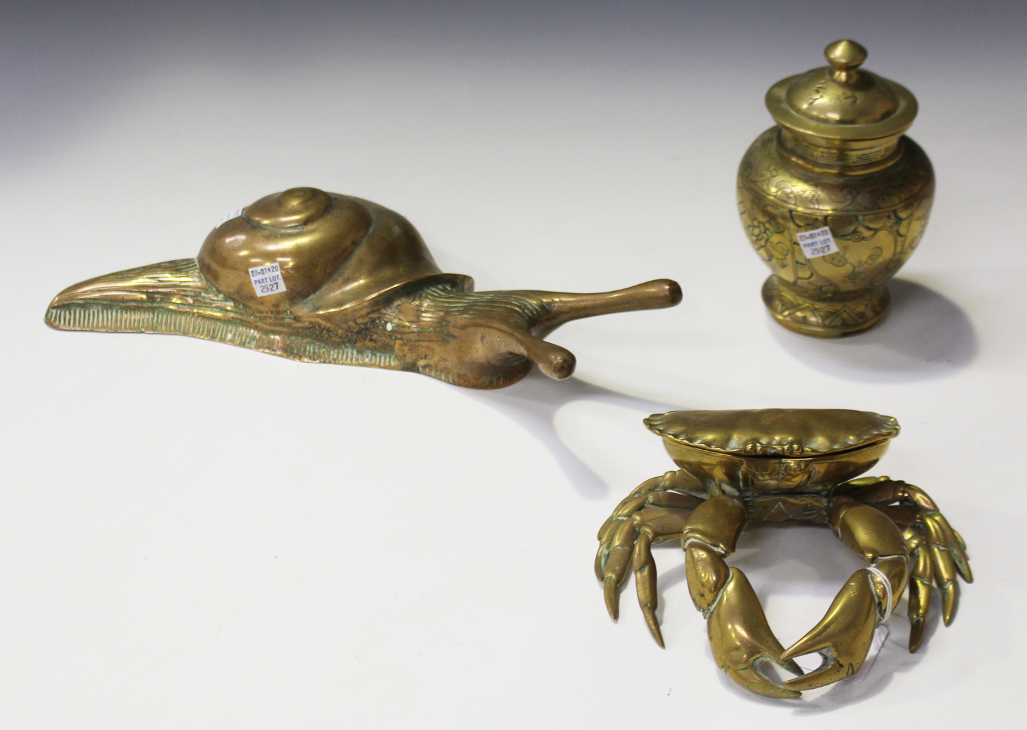 A 20th century cast brass box in the form of a crab, width 18cm, together with a cast brass model of