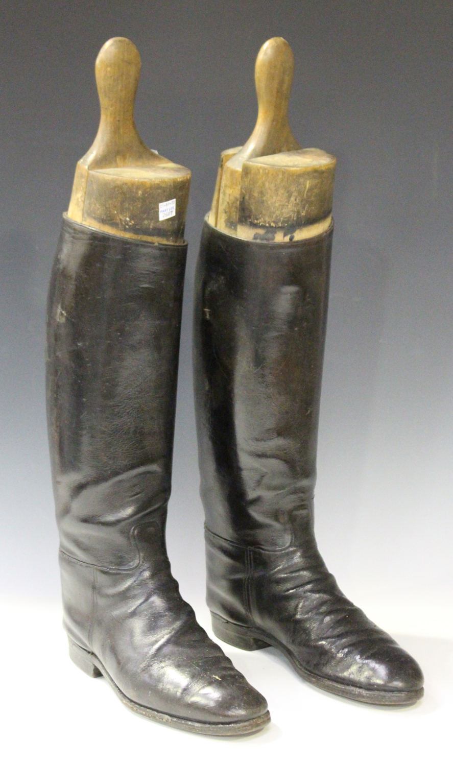 A pair of black leather riding boots with wooden lasts, together with a brown leather suitcase, - Image 2 of 3