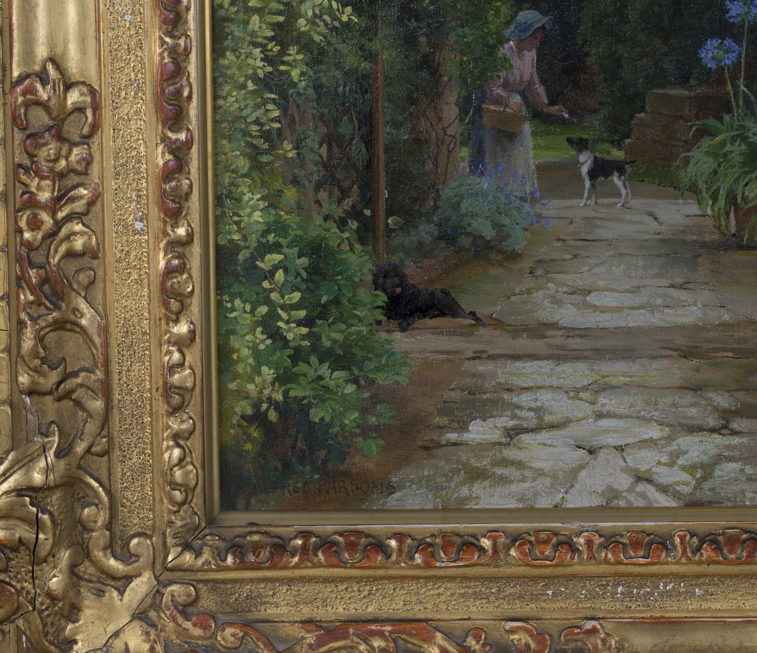 Alfred Parsons - Garden Scene with Figure and Dogs, early 20th century oil on canvas, signed - Image 5 of 6