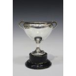 A George V silver trophy cup, the ovoid body flanked by two scroll handles with dog head