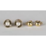 A pair of 9ct gold, cultured pearl and diamond earstuds, each mounted with a cultured pearl within a