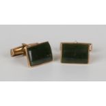 A pair of New Zealand gold mounted jade cufflinks, each with a curved rectangular front, detailed '