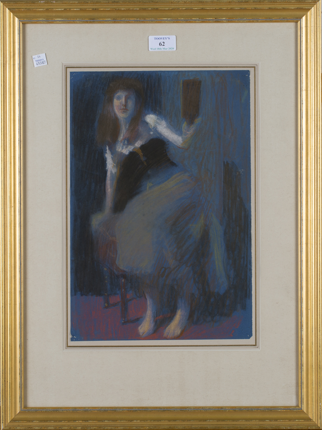 Edward Stott - Lady seated on a Stool and holding a Mirror, late 19th/early 20th century pastel,