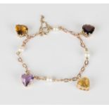 A gold, gemstone and cultured pearl bracelet, the oval link chain fitted with four heart shaped