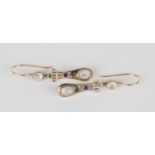 A pair of gold, demantoid garnet, amethyst and moonstone pendant earrings, detailed '15ct', with