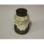 A late Victorian silver mounted Crown Staffordshire porcelain cylindrical tea caddy, the sleeve
