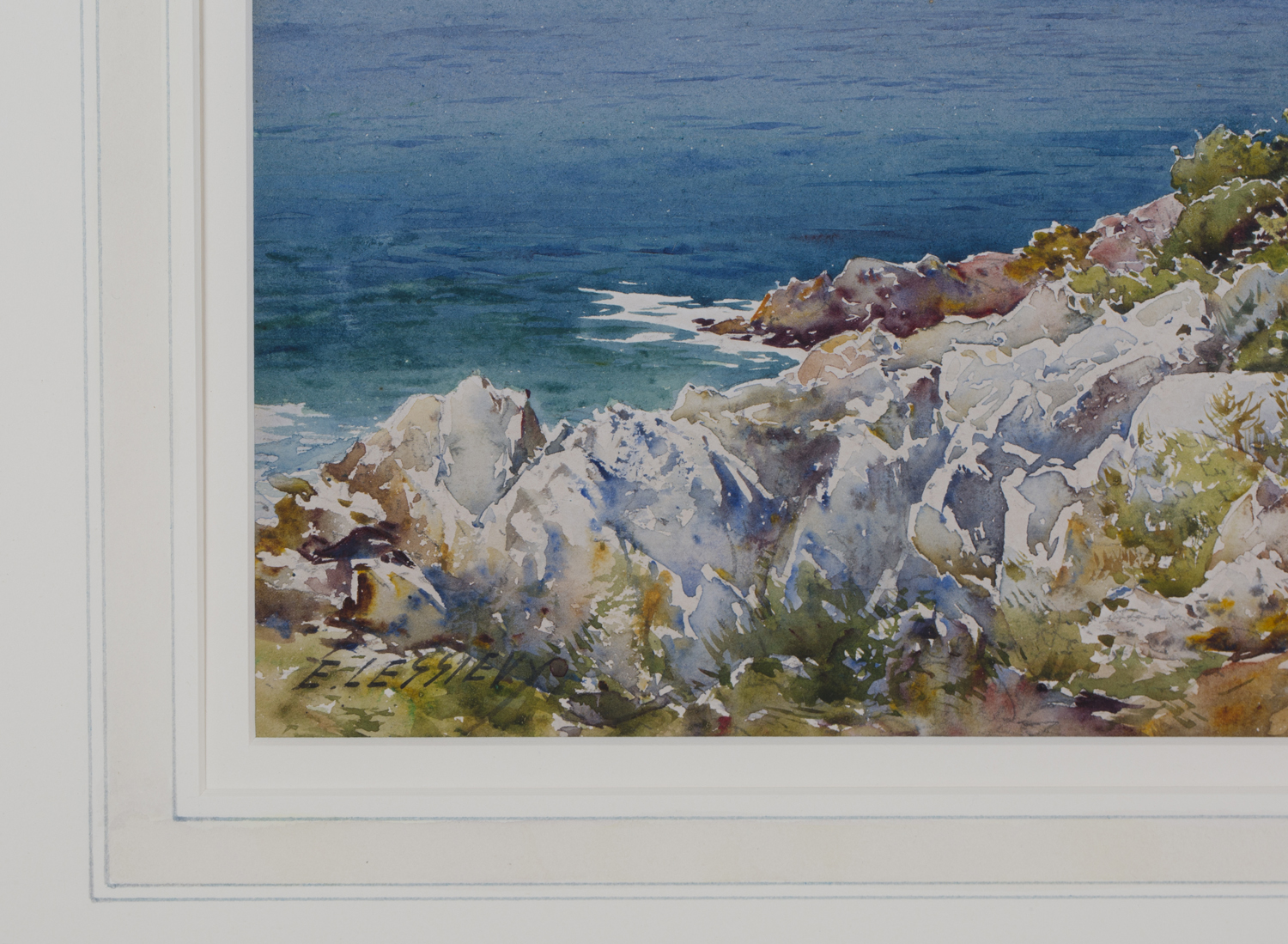 Ernest Lessieux - 'The Coast at Cap Martin', 20th century watercolour, signed recto, titled label - Image 4 of 4