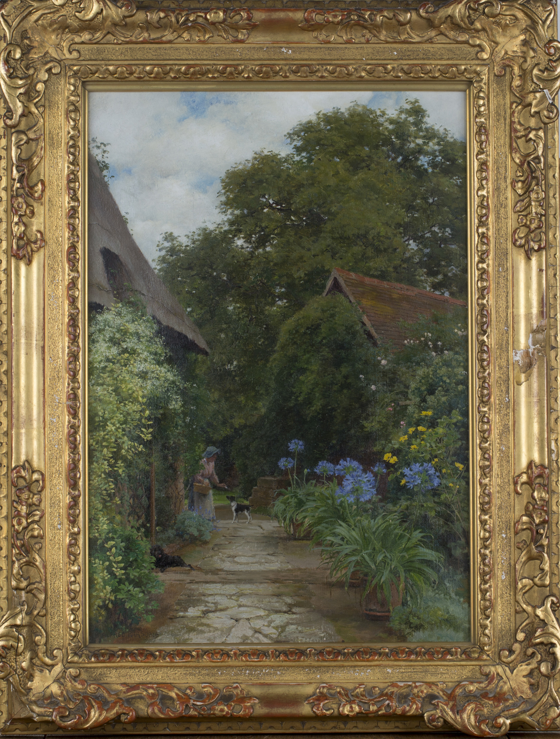 Alfred Parsons - Garden Scene with Figure and Dogs, early 20th century oil on canvas, signed - Image 6 of 6