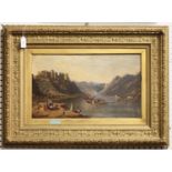 Continental School - River Valley with Castle, Boats, and Figures, 19th century oil on canvas,