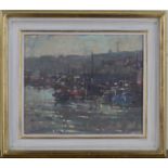 John Martin - 'Newhaven Harbour'. 20th century oil on canvas-board, signed with initials recto,