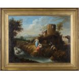 Dutch School - River Landscapes with Figures and Buildings, a pair of 18th century oils on canvas,