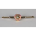 A gold, pink enamelled, rose cut diamond and half-pearl set bar brooch with a heart shaped motif,