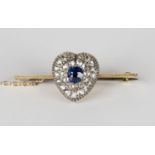 A gold and silver set, sapphire and diamond bar brooch in a heart shaped cluster design, mounted