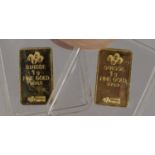 Two Swiss one gram fine gold 999.9 rectangular ingots.Buyer’s Premium 29.4% (including VAT @ 20%) of